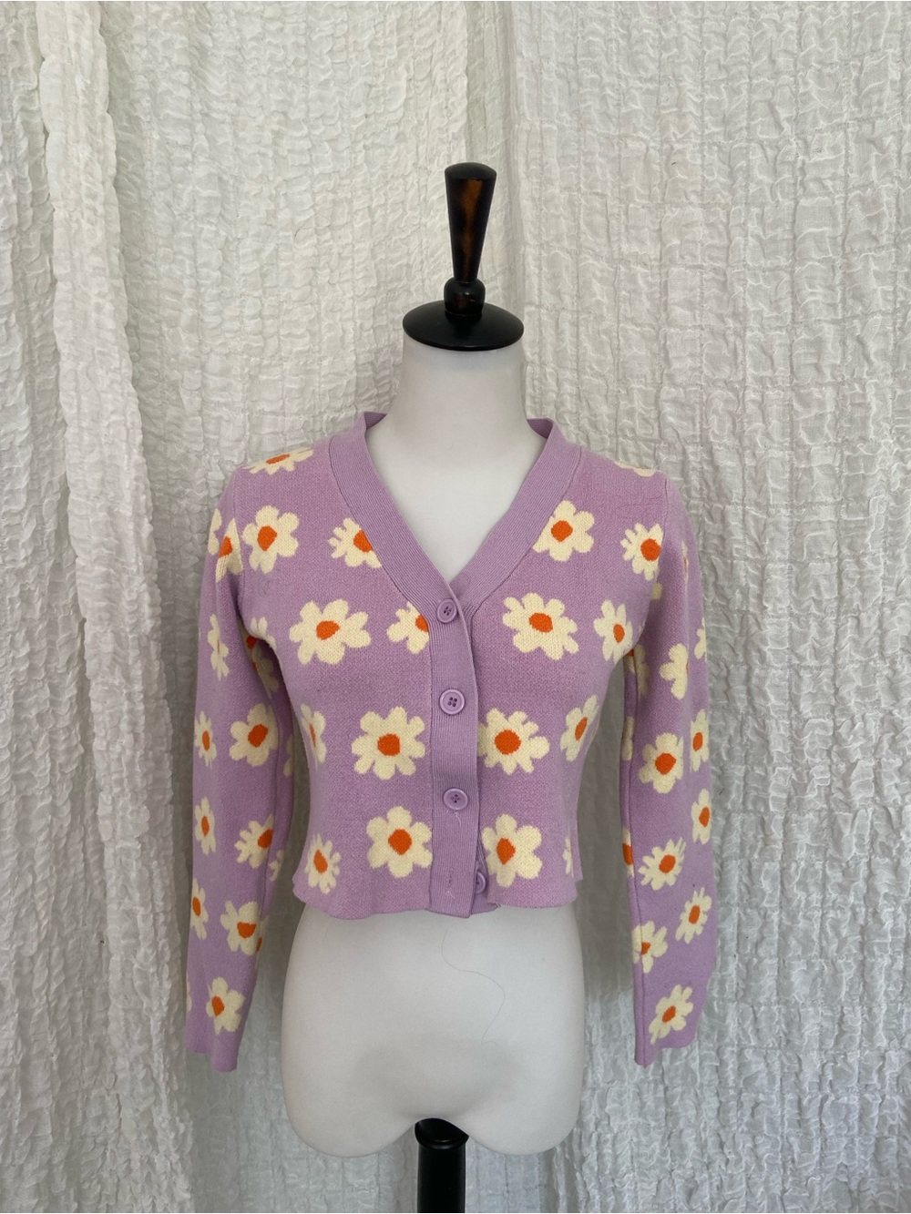 Cider Lavender V-Neck Daisy Button Cardigan with Cream & Orange Accents